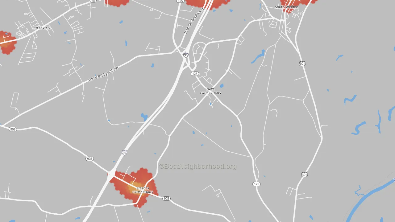 Walk Grade map of Days Crossroads, NC, walkable areas in green and car-dependent areas in red