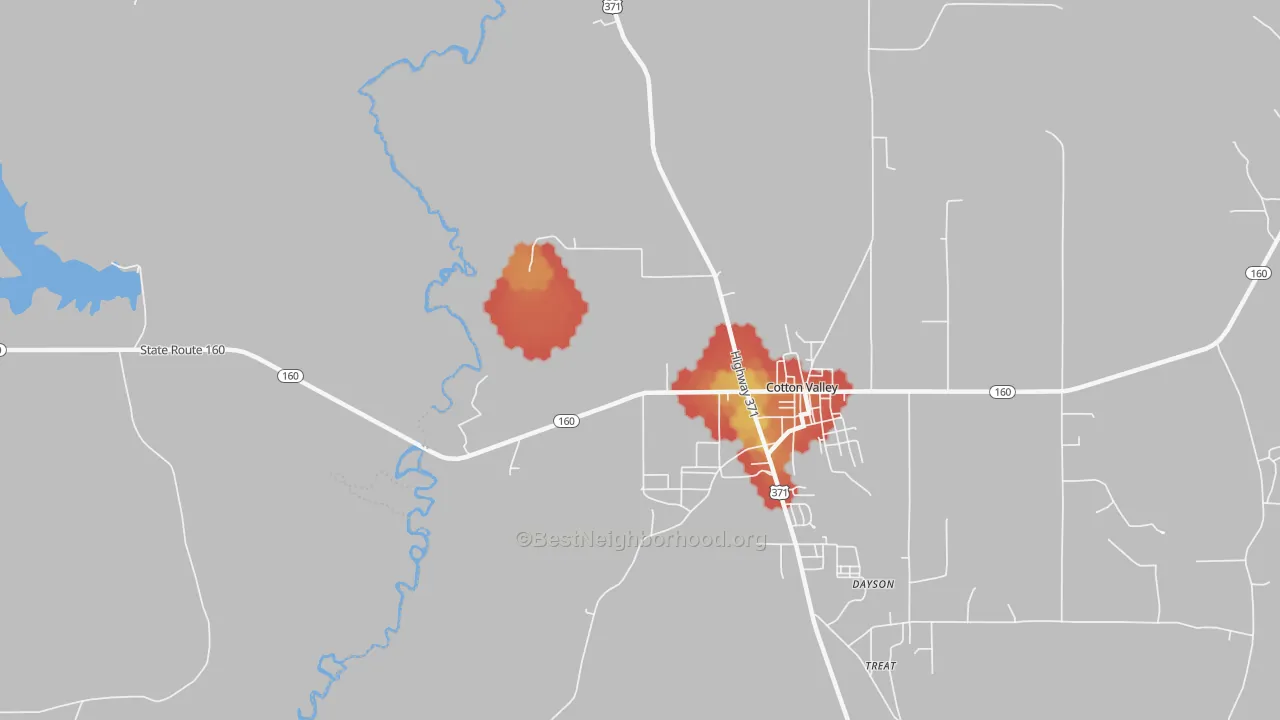 Walk Grade map of Dayson, LA, walkable areas in green and car-dependent areas in red