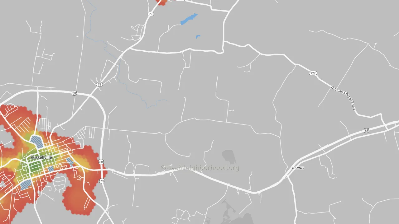 Walk Grade map of Daysville, KY, walkable areas in green and car-dependent areas in red