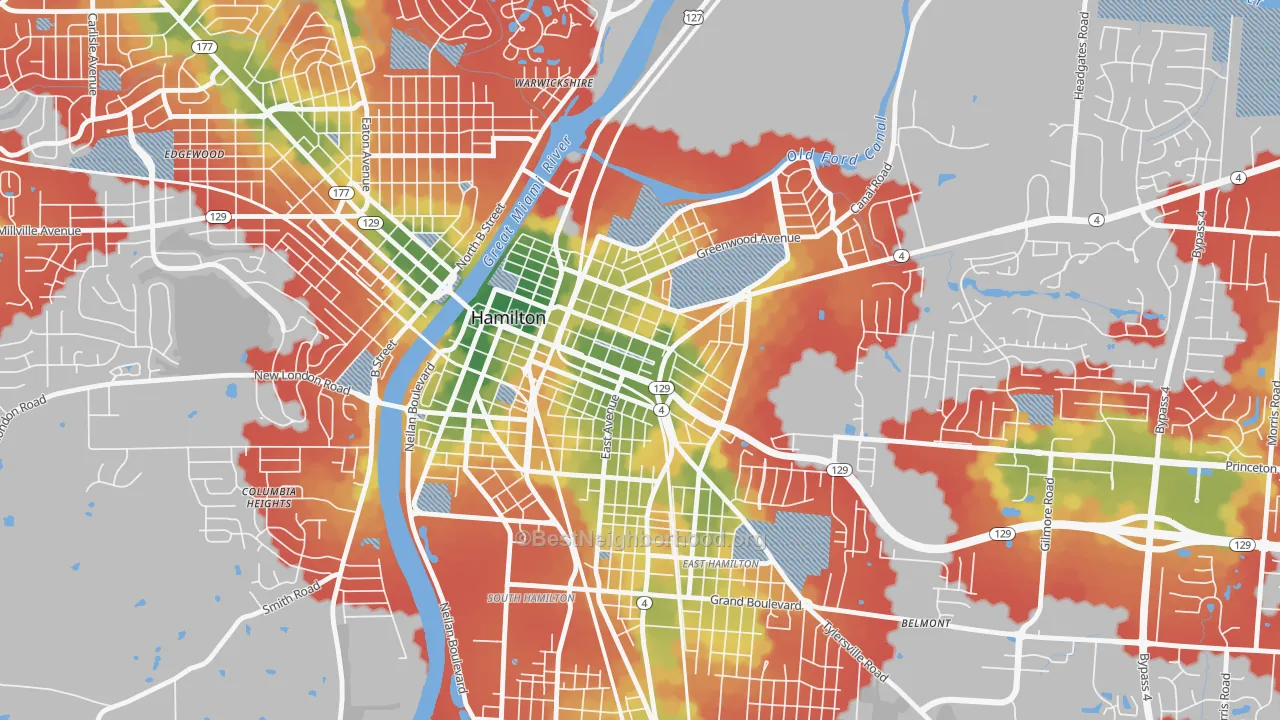 Walk Grade map of Dayton-Campbell Historic District, Hamilton, OH, walkable areas in green and car-dependent areas in red