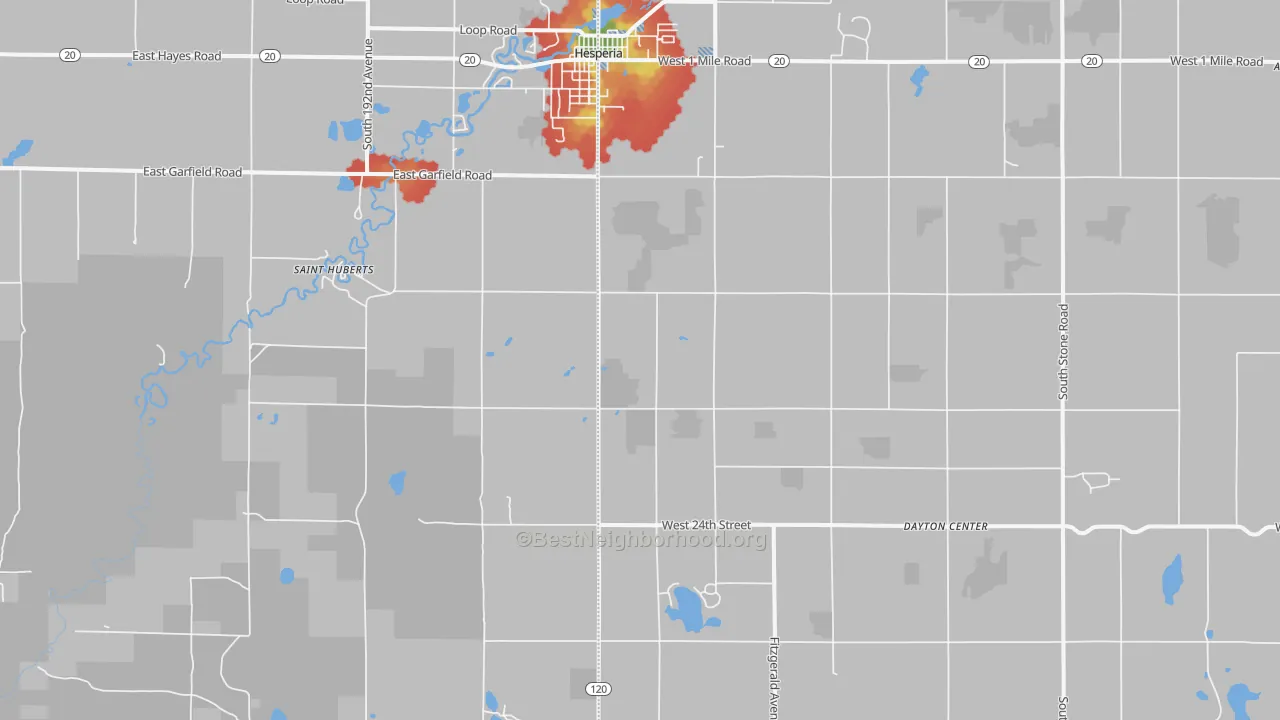 Walk Grade map of Dayton Center, MI, walkable areas in green and car-dependent areas in red
