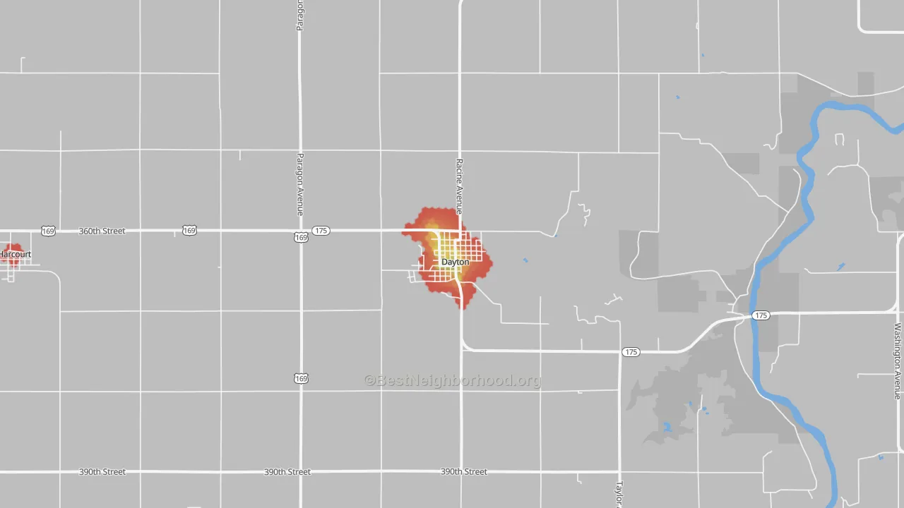 Walk Grade map of Dayton, IA, walkable areas in green and car-dependent areas in red