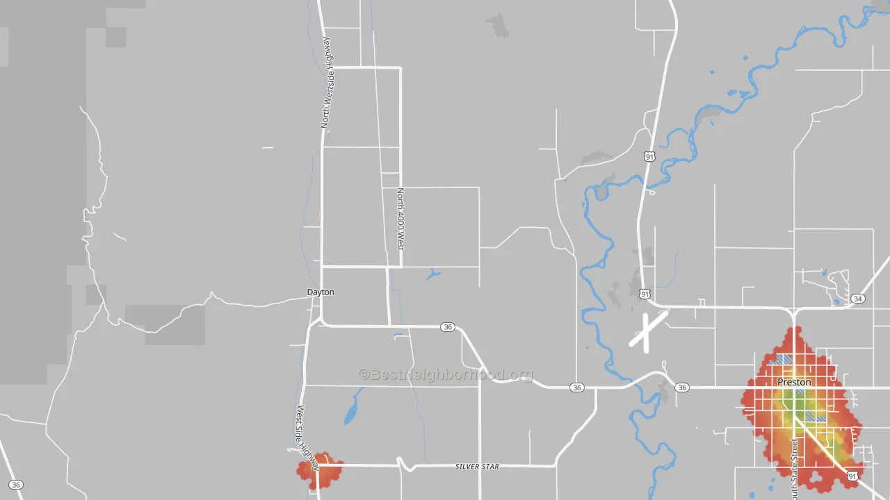 Walk Grade map of Dayton, ID, walkable areas in green and car-dependent areas in red