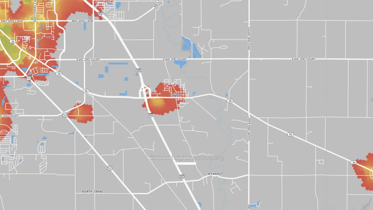 Walk Grade map of Dayton, IN, walkable areas in green and car-dependent areas in red