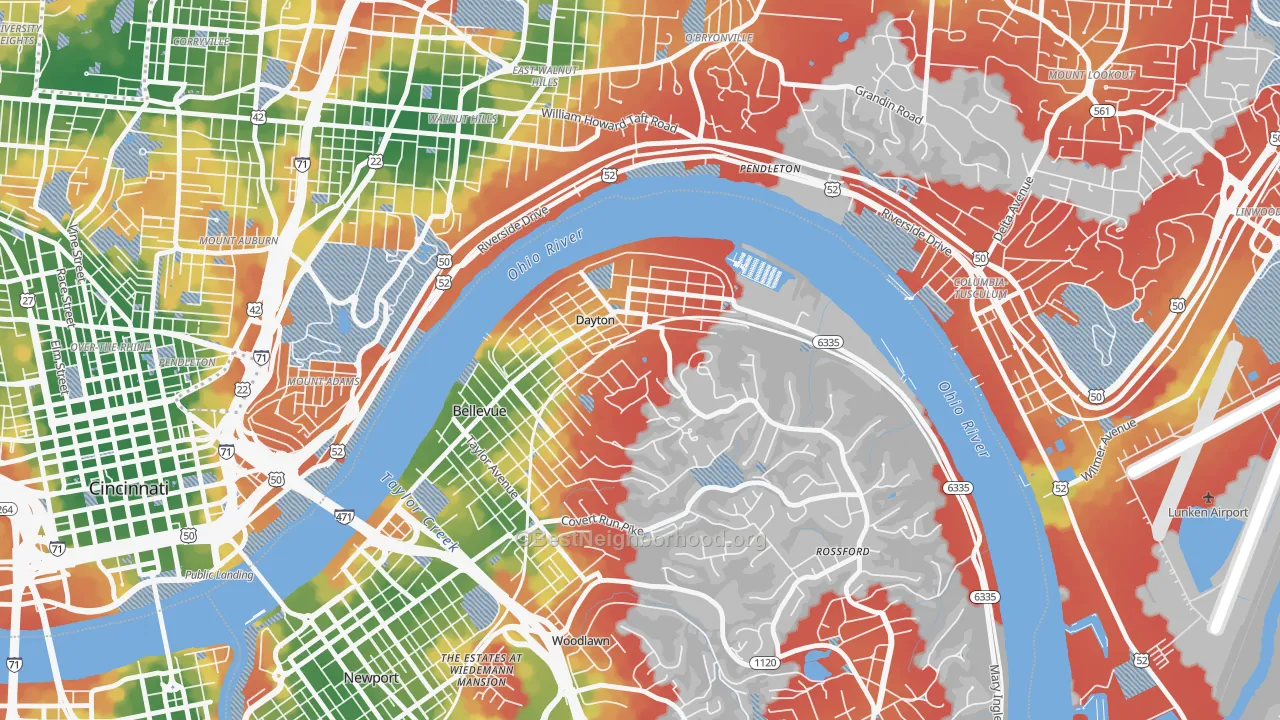 Walk Grade map of Dayton, KY, walkable areas in green and car-dependent areas in red