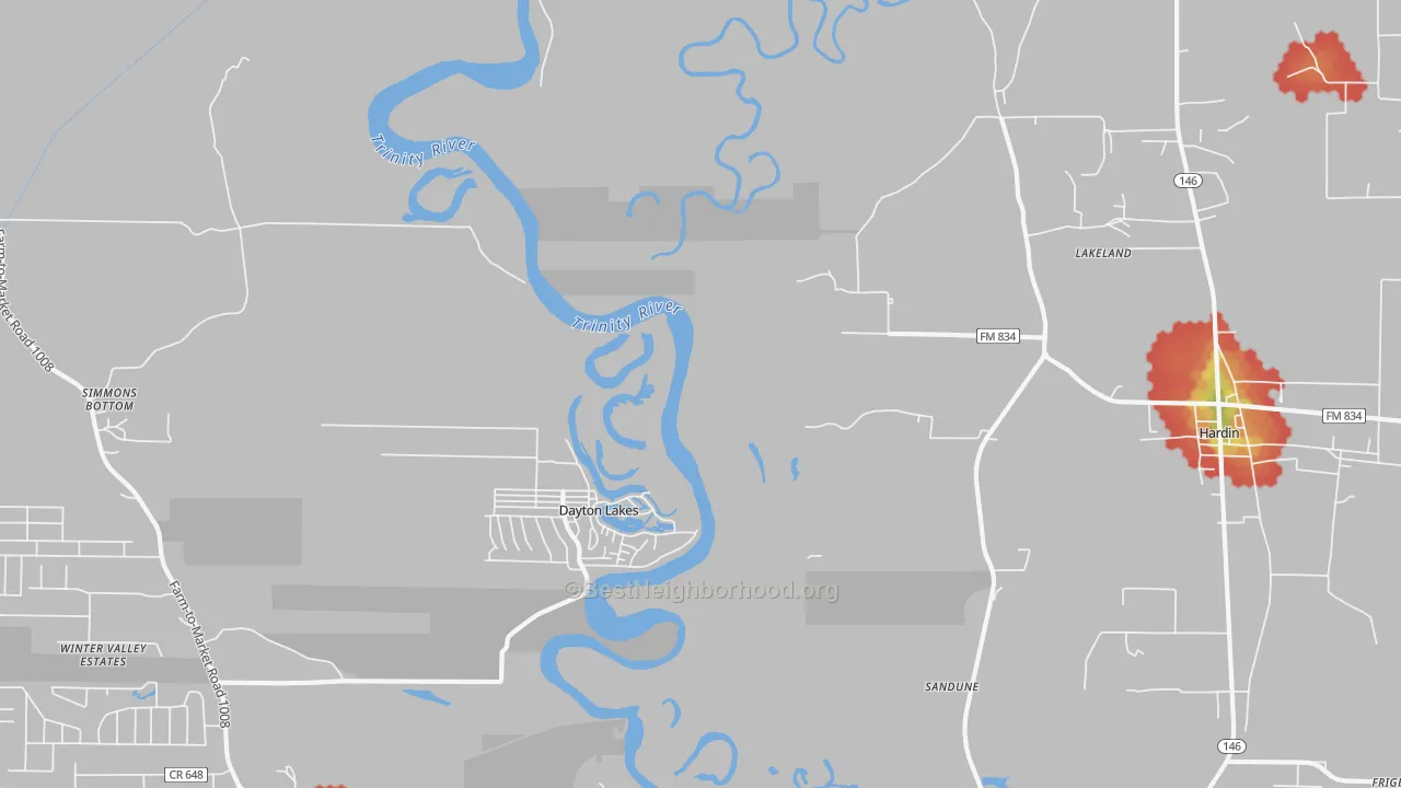 Walk Grade map of Dayton Lakes, TX, walkable areas in green and car-dependent areas in red