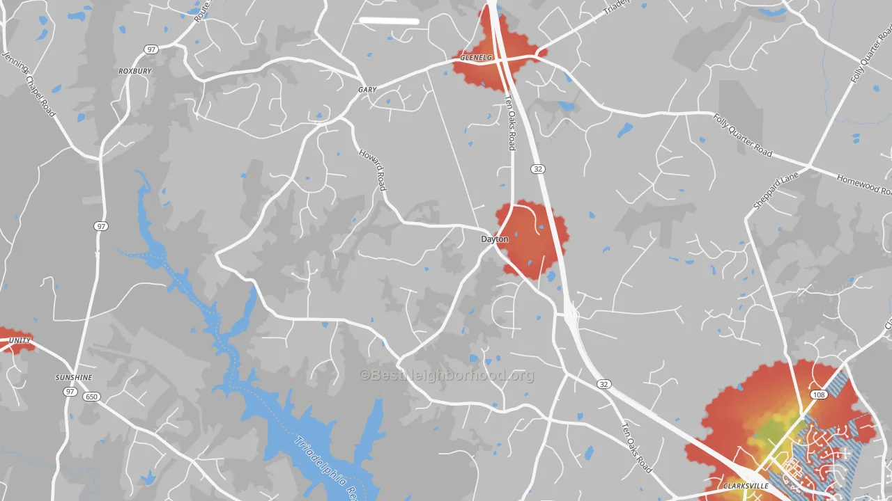 Walk Grade map of Dayton, MD, walkable areas in green and car-dependent areas in red