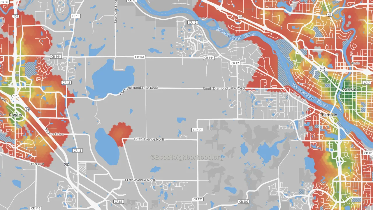 Walk Grade map of Dayton, MN, walkable areas in green and car-dependent areas in red