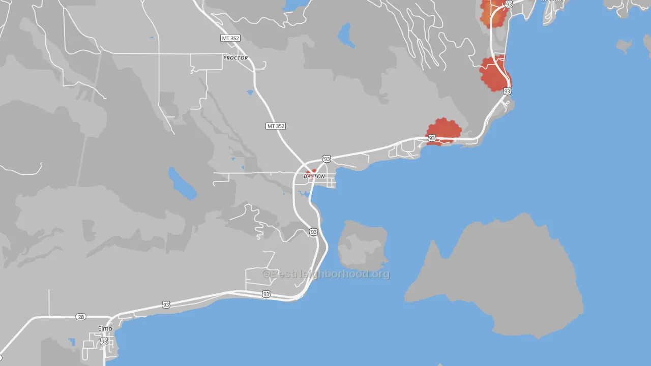 Walk Grade map of Dayton, MT, walkable areas in green and car-dependent areas in red