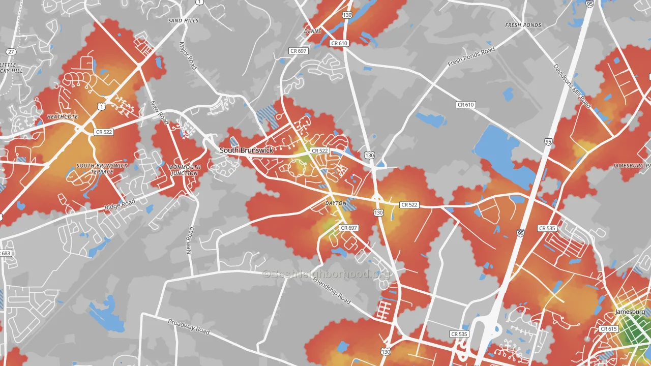 Walk Grade map of Dayton, NJ, walkable areas in green and car-dependent areas in red