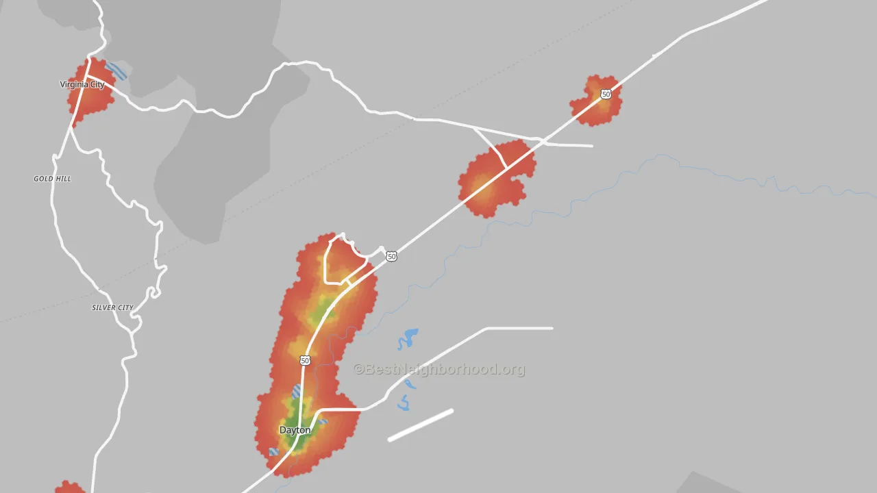 Walk Grade map of Dayton, NV, walkable areas in green and car-dependent areas in red