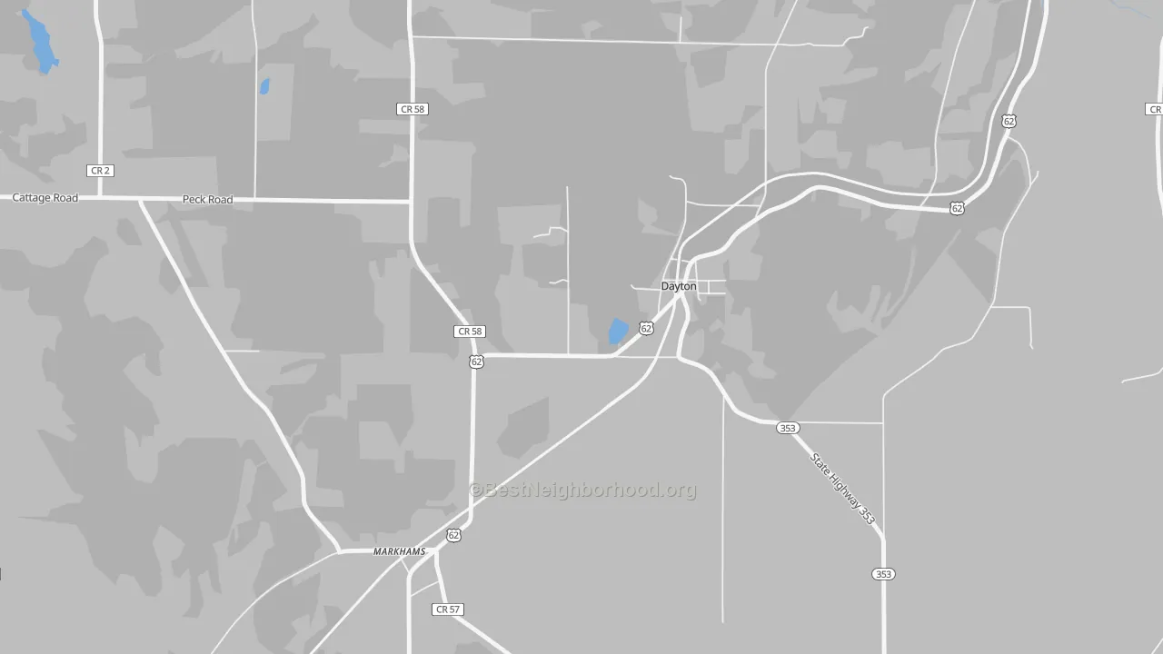 Walk Grade map of Dayton, NY, walkable areas in green and car-dependent areas in red
