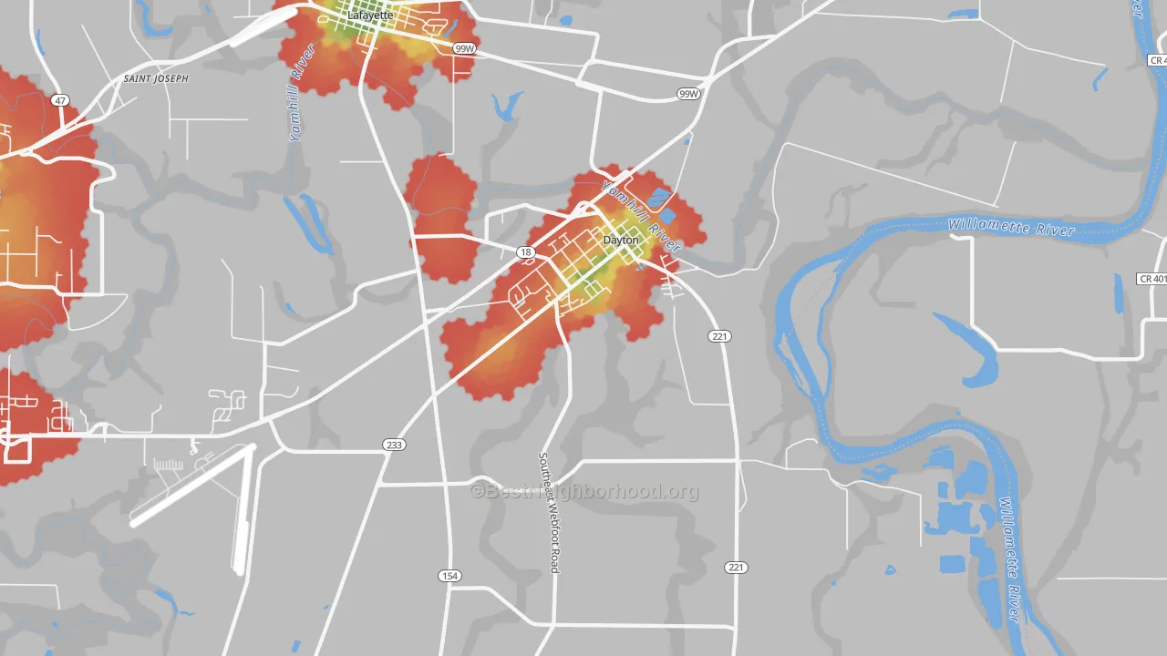 Walk Grade map of Dayton, OR, walkable areas in green and car-dependent areas in red