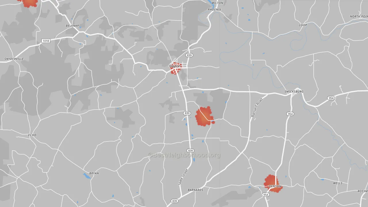 Walk Grade map of Dayton, PA, walkable areas in green and car-dependent areas in red