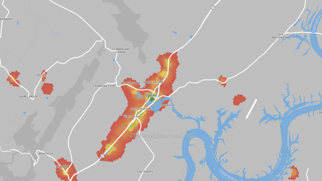 Walk Grade map of Dayton, TN, walkable areas in green and car-dependent areas in red