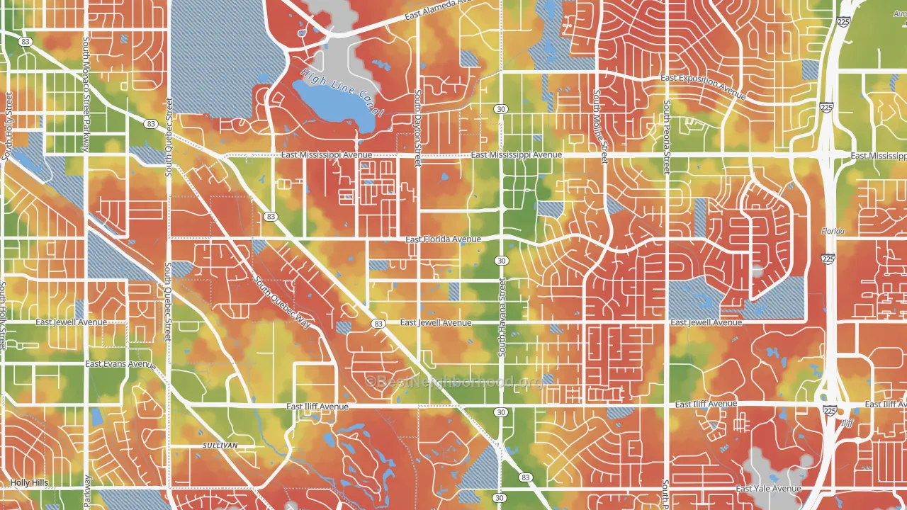 Walk Grade map of Dayton Triangle, Aurora, CO, walkable areas in green and car-dependent areas in red