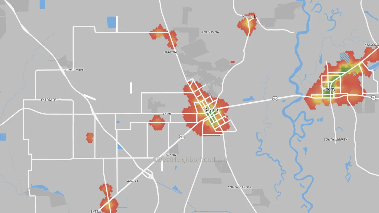 Walk Grade map of Dayton, TX, walkable areas in green and car-dependent areas in red