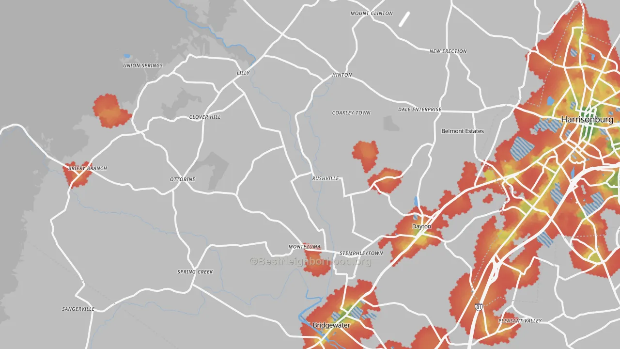 Walk Grade map of Dayton, VA, walkable areas in green and car-dependent areas in red