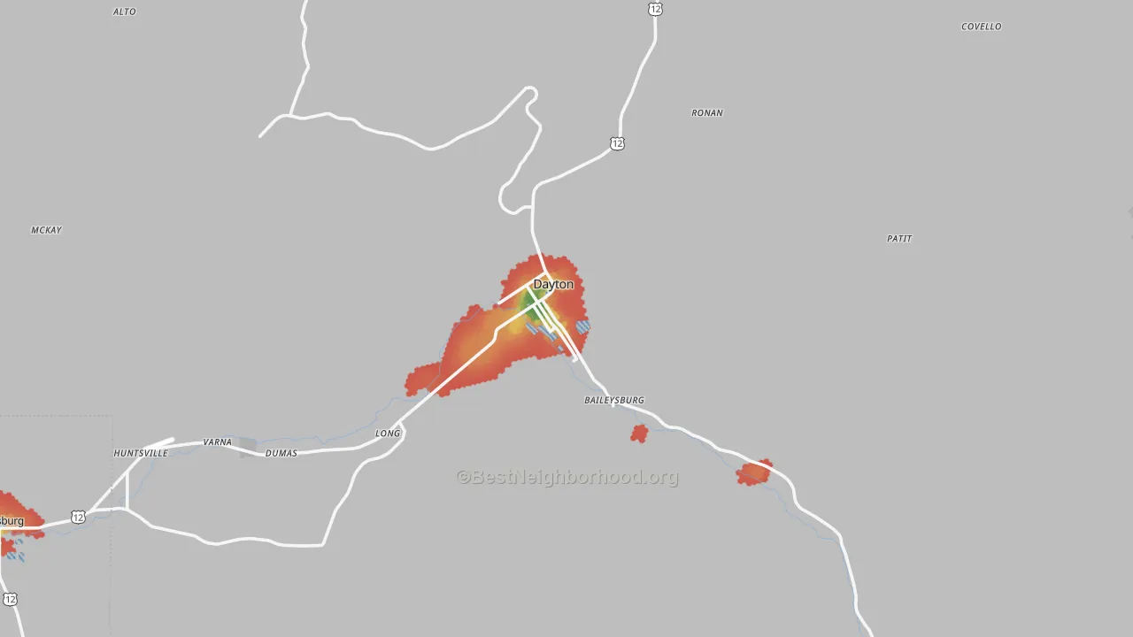 Walk Grade map of Dayton, WA, walkable areas in green and car-dependent areas in red