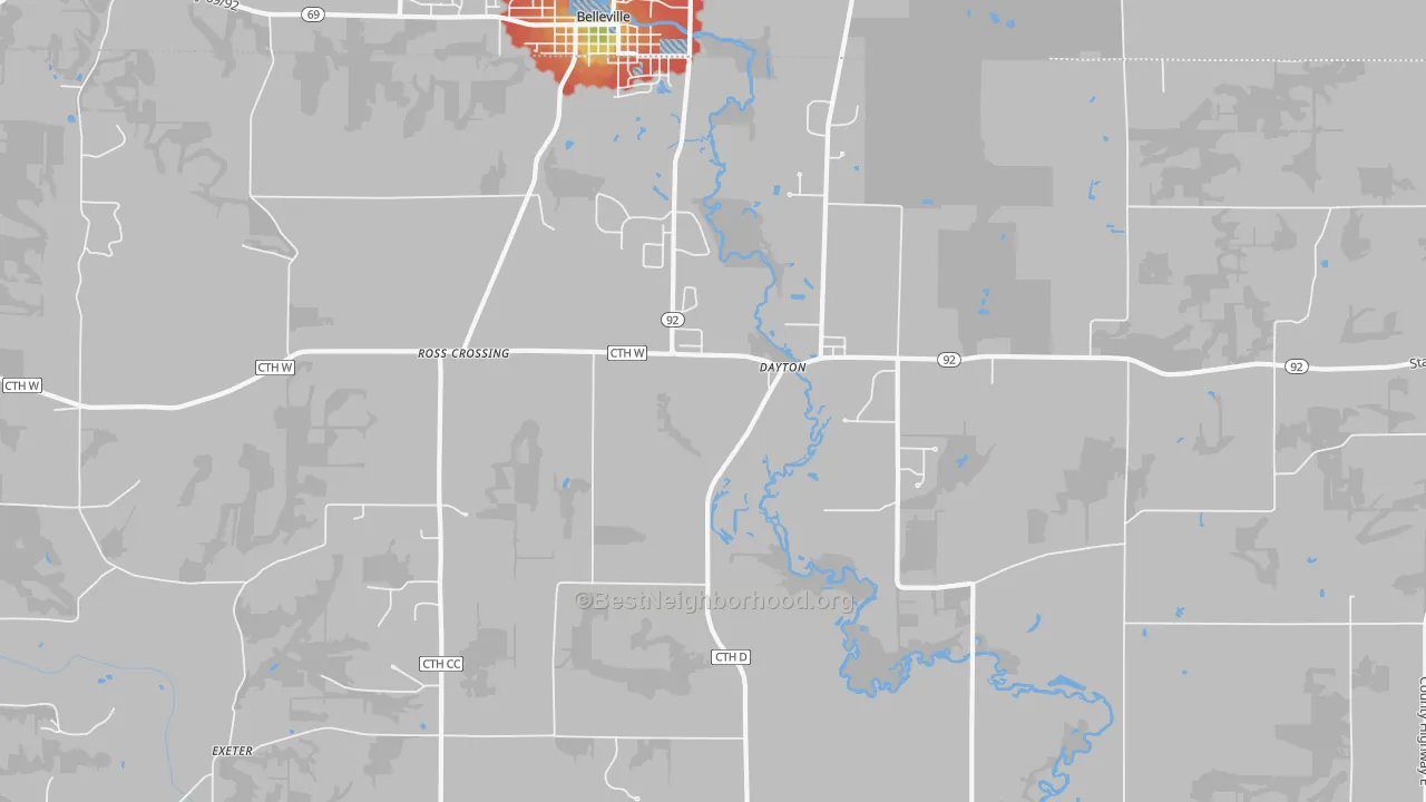 Walk Grade map of Dayton, WI, walkable areas in green and car-dependent areas in red