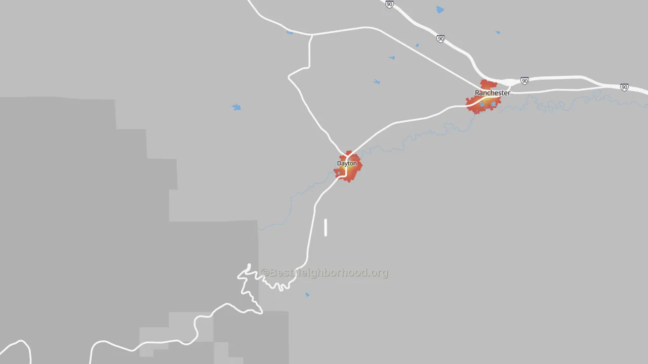 Walk Grade map of Dayton, WY, walkable areas in green and car-dependent areas in red