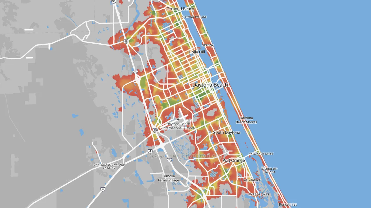 Walk Grade map of Daytona Beach, FL, walkable areas in green and car-dependent areas in red