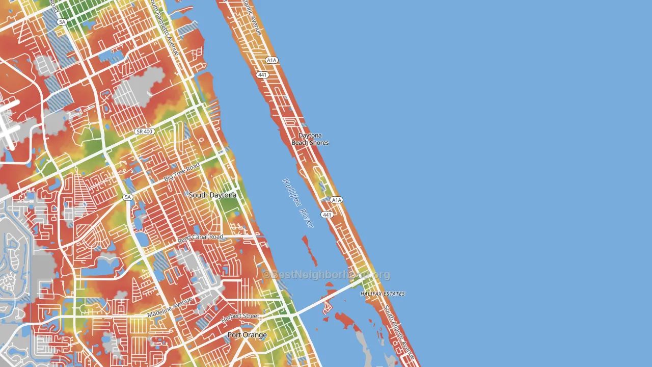 Walk Grade map of Daytona Beach Shores, FL, walkable areas in green and car-dependent areas in red