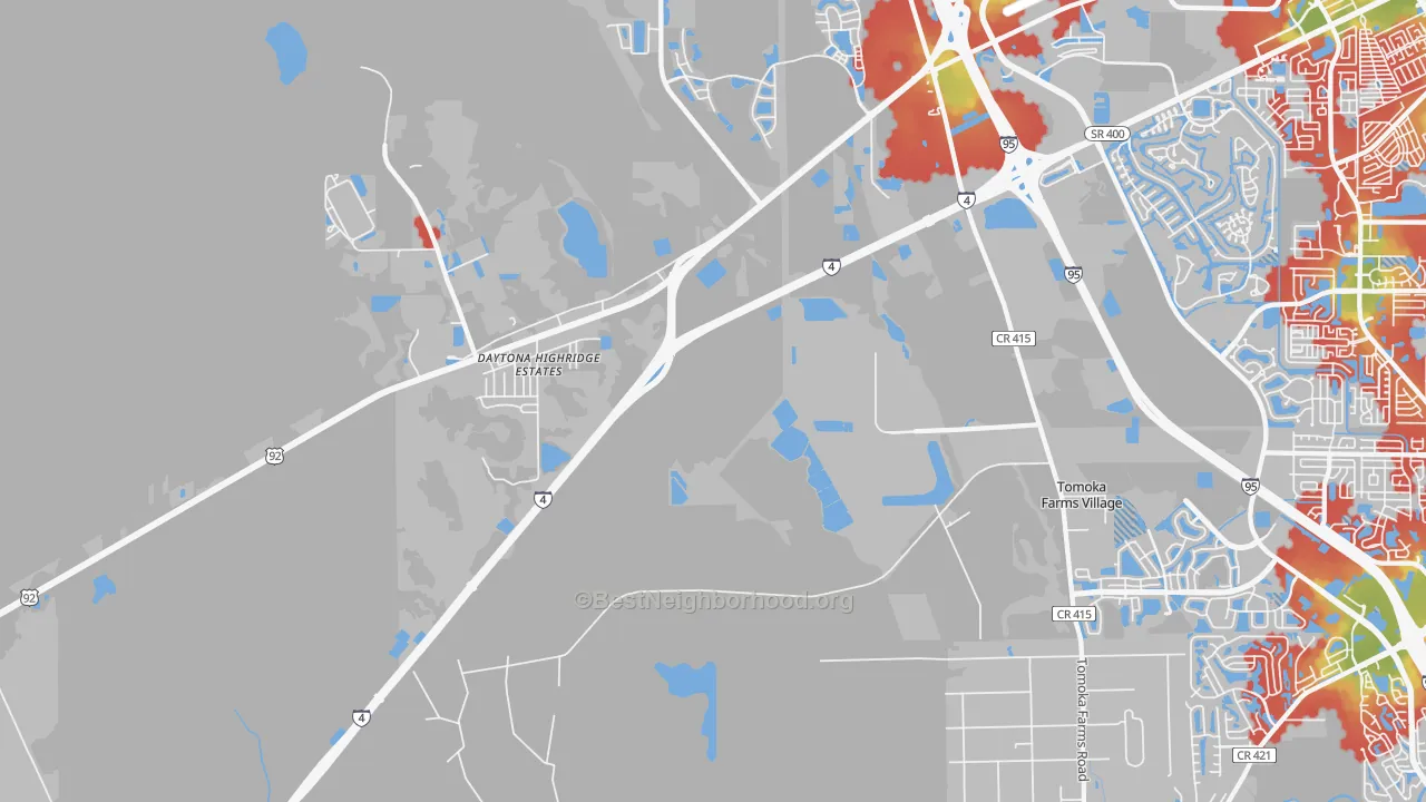 Walk Grade map of Daytona Highridge Estates, FL, walkable areas in green and car-dependent areas in red