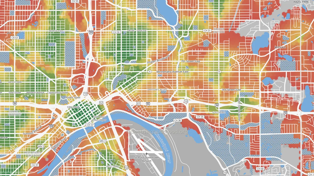 Walk Grade map of Dayton's Bluff, St. Paul, MN, walkable areas in green and car-dependent areas in red