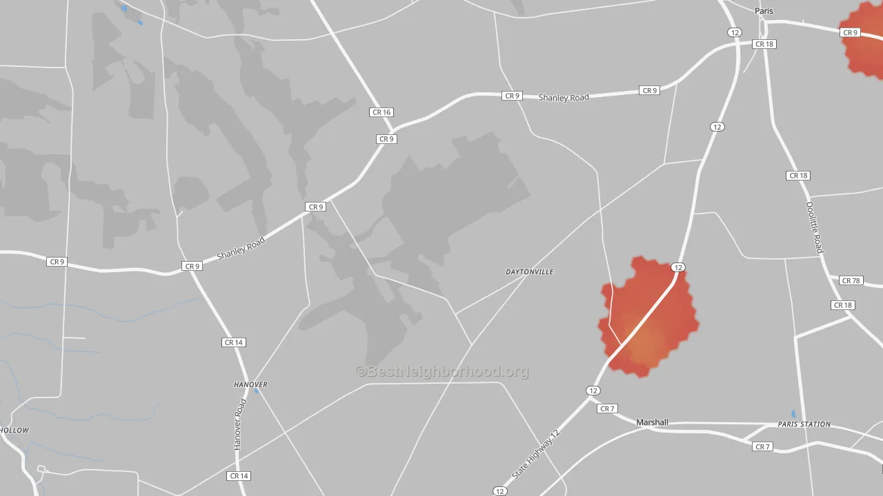 Walk Grade map of Daytonville, NY, walkable areas in green and car-dependent areas in red