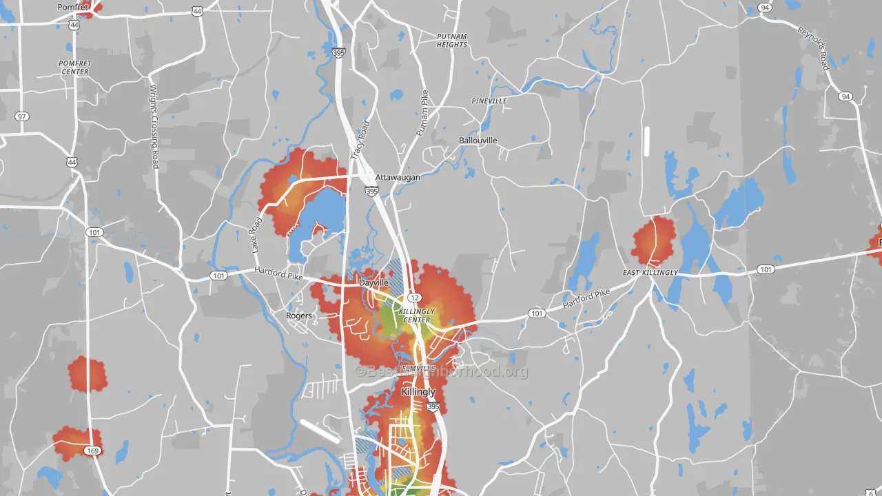 Walk Grade map of Dayville, CT, walkable areas in green and car-dependent areas in red