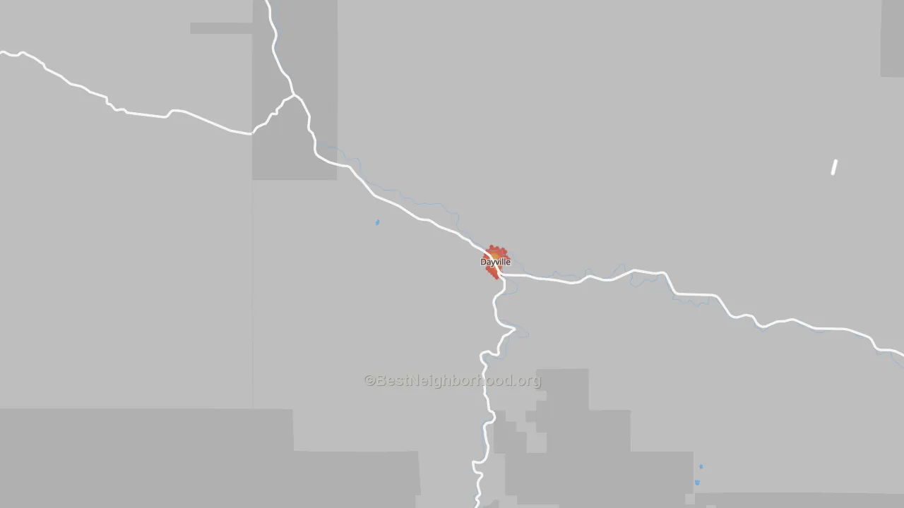 Walk Grade map of Dayville, OR, walkable areas in green and car-dependent areas in red