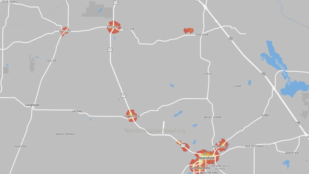 Walk Grade map of De Soto Parish, LA, walkable areas in green and car-dependent areas in red