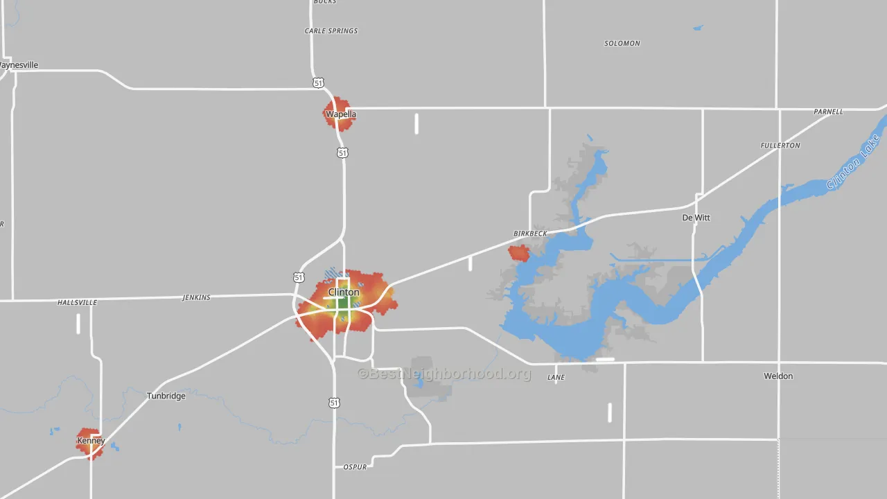 Walk Grade map of De Witt County, IL, walkable areas in green and car-dependent areas in red