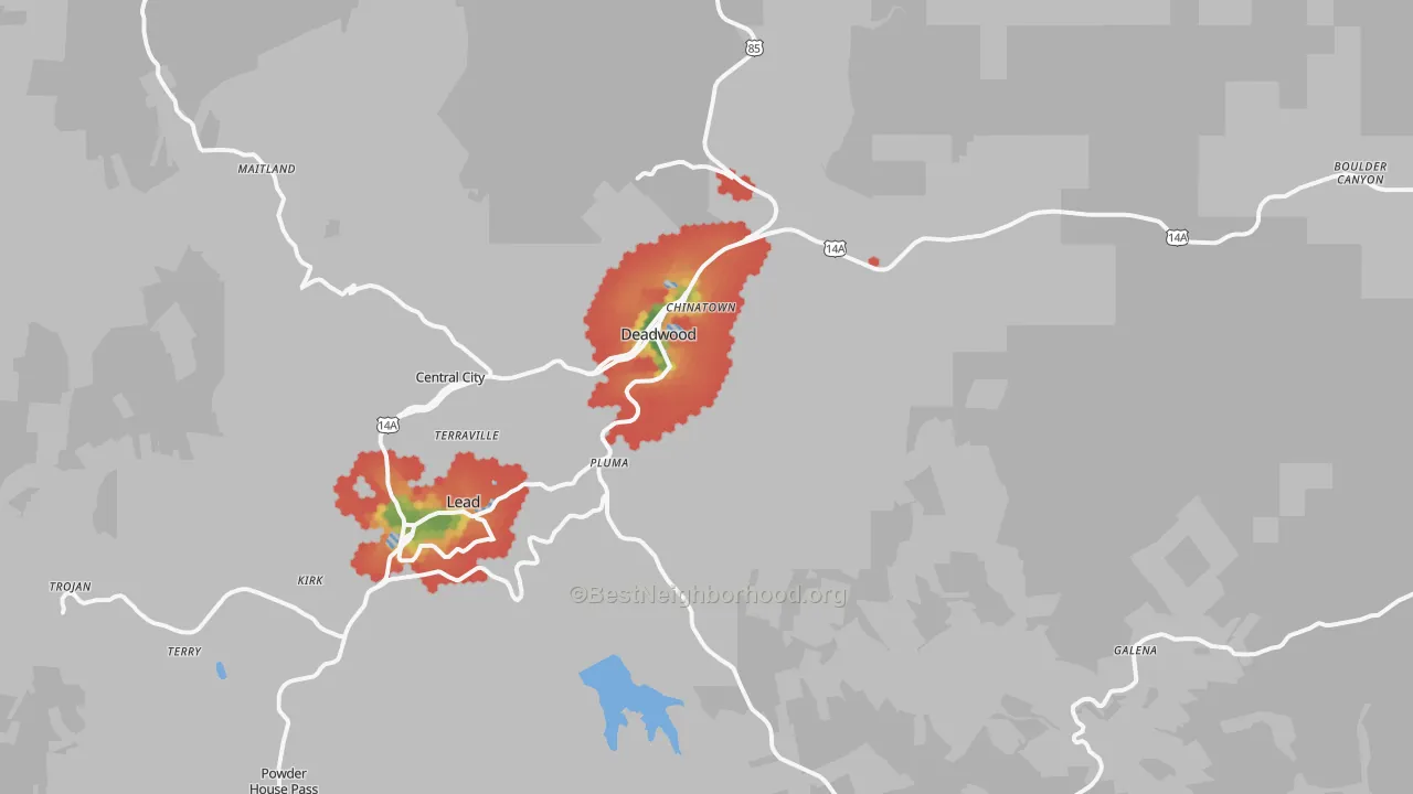 Walk Grade map of Deadwood, SD, walkable areas in green and car-dependent areas in red