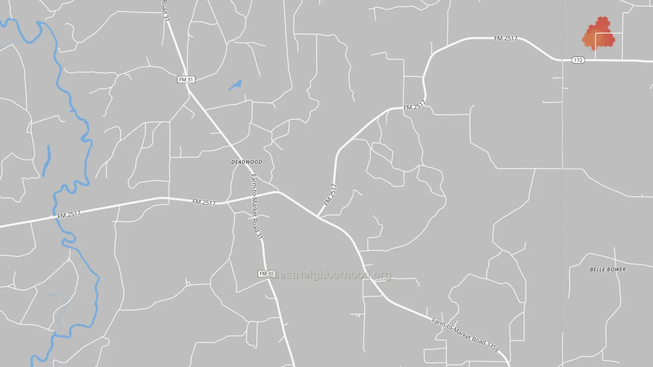 Walk Grade map of Deadwood, TX, walkable areas in green and car-dependent areas in red