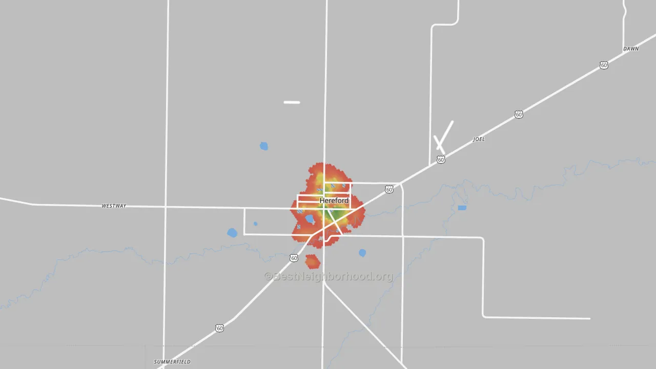 Walk Grade map of Deaf Smith County, TX, walkable areas in green and car-dependent areas in red
