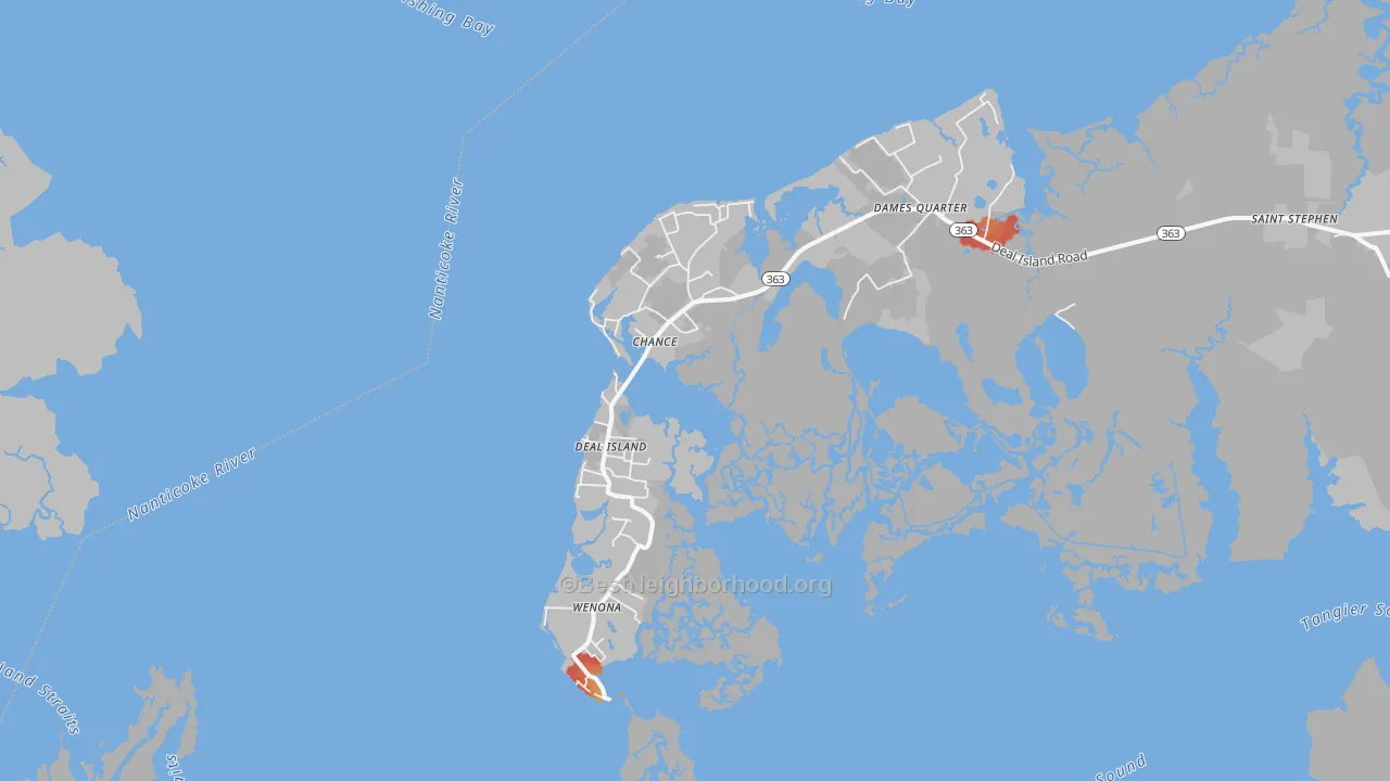 Walk Grade map of Deal Island, MD, walkable areas in green and car-dependent areas in red
