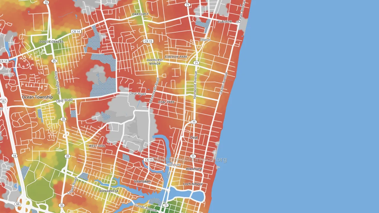 Walk Grade map of Deal, NJ, walkable areas in green and car-dependent areas in red