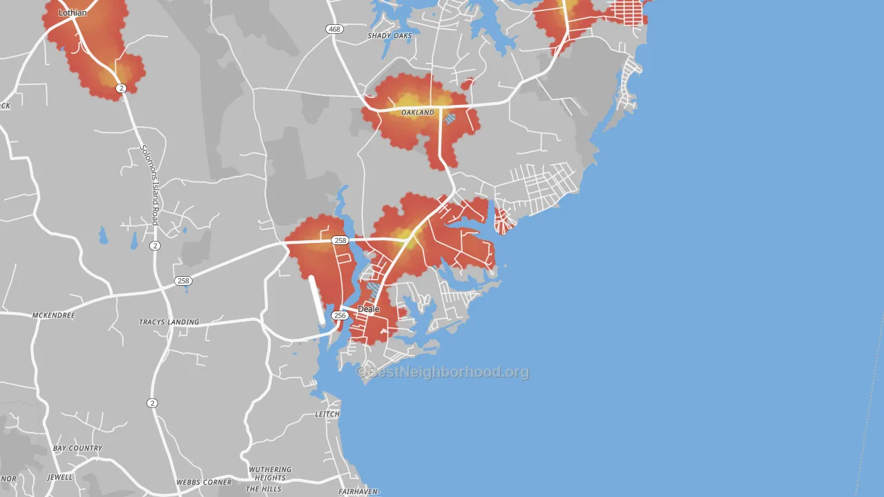 Walk Grade map of Deale, MD, walkable areas in green and car-dependent areas in red