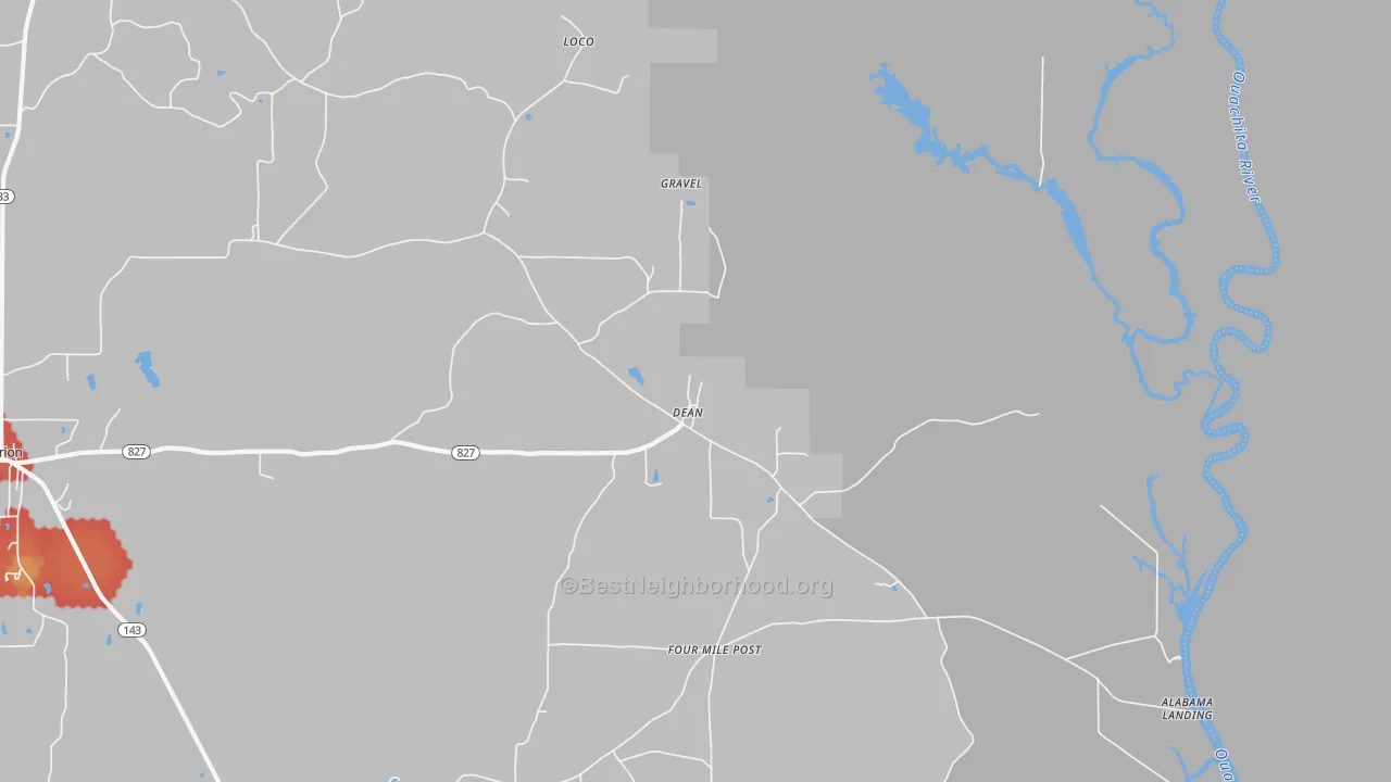Walk Grade map of Dean, LA, walkable areas in green and car-dependent areas in red