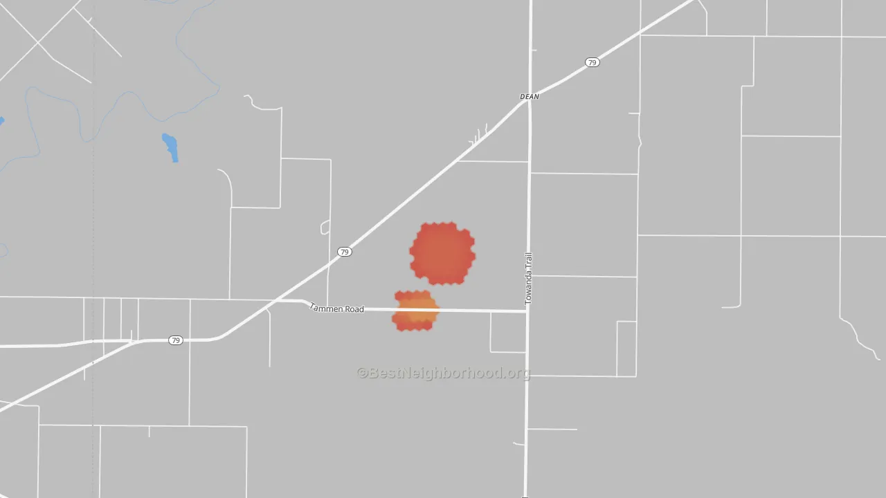 Walk Grade map of Dean, TX, walkable areas in green and car-dependent areas in red