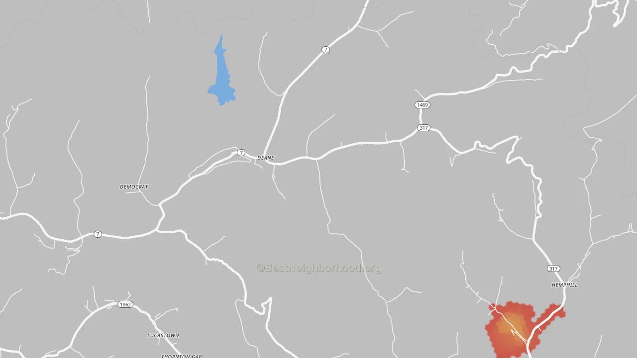 Walk Grade map of Deane, KY, walkable areas in green and car-dependent areas in red