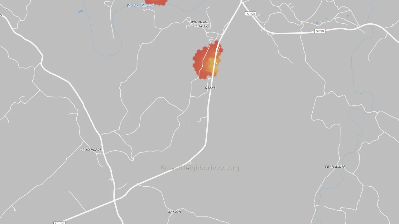 Walk Grade map of Deans, TN, walkable areas in green and car-dependent areas in red