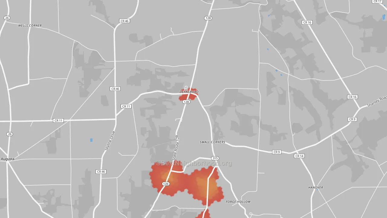 Walk Grade map of Deansboro, NY, walkable areas in green and car-dependent areas in red
