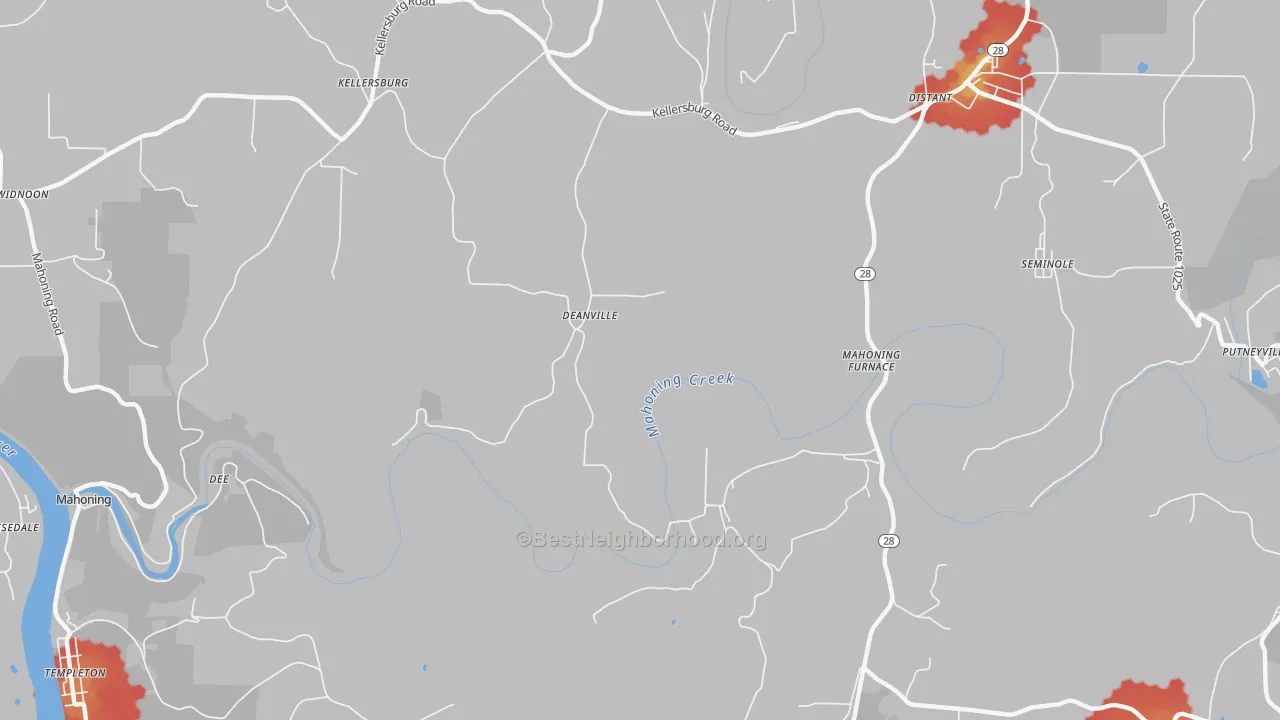 Walk Grade map of Deanville, PA, walkable areas in green and car-dependent areas in red