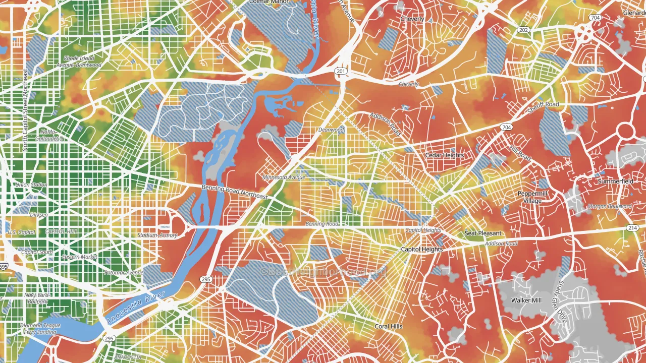 Walk Grade map of Deanwood, Washington, DC, walkable areas in green and car-dependent areas in red
