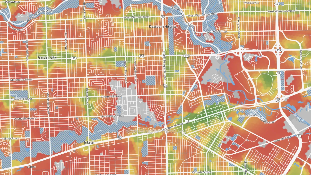 Walk Grade map of Dearborn Heights, MI, walkable areas in green and car-dependent areas in red