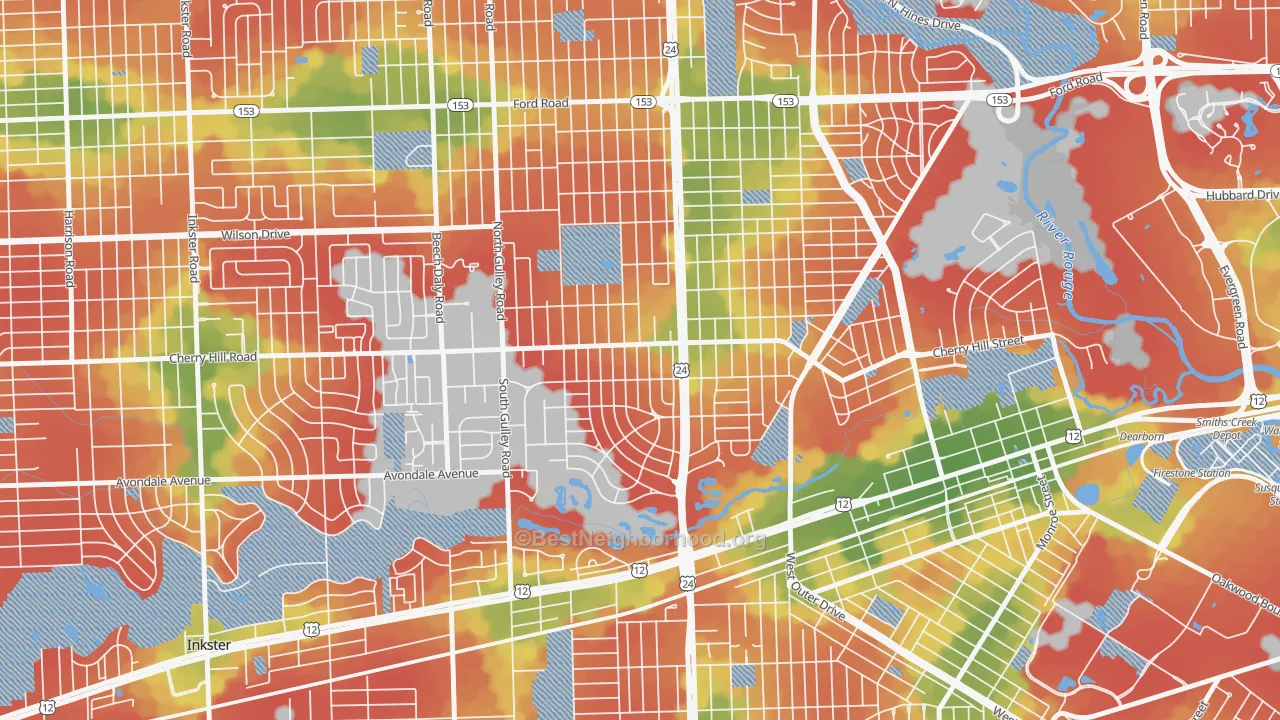 Walk Grade map of Dearborn Hills, Dearborn, MI, walkable areas in green and car-dependent areas in red