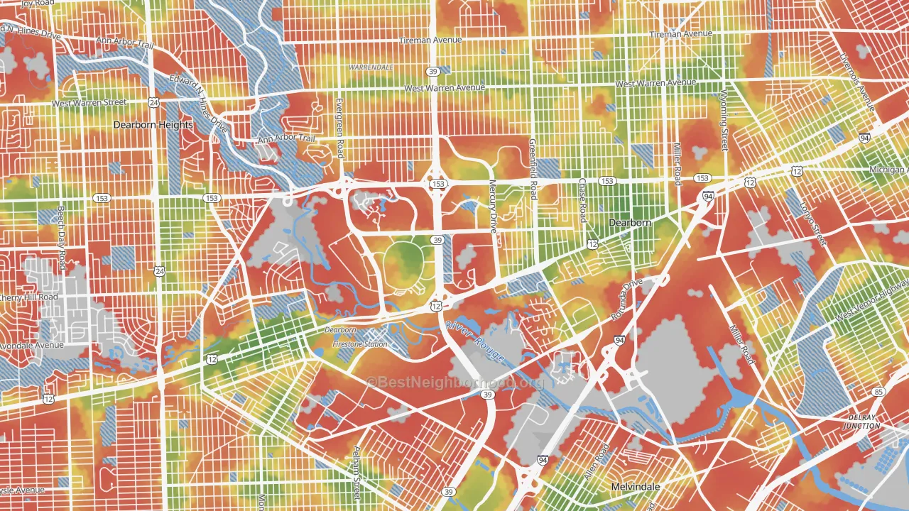 Walk Grade map of Dearborn, MI, walkable areas in green and car-dependent areas in red